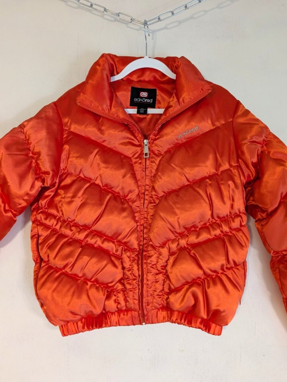 Y2K Vintage Ecko Red Womens Orange Quilted Puffer Jacket Full Zip Satin Size S